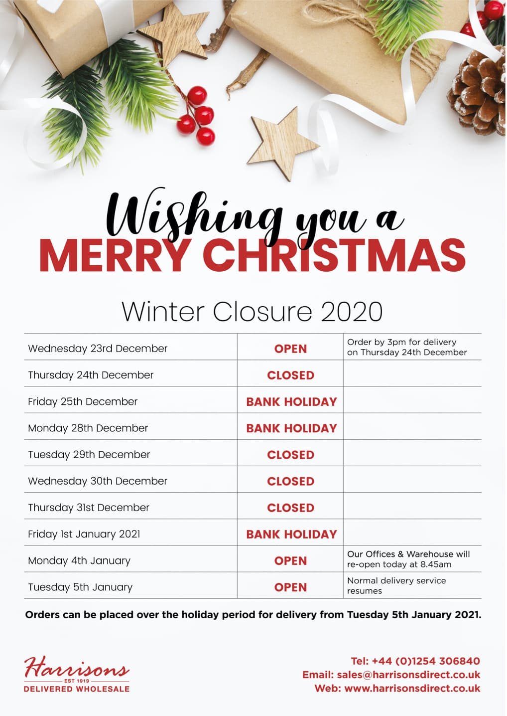 Harrisons Christmas Opening Times 2020