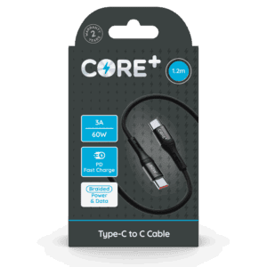 Wholesale CORE+ USB-C to USB-C 1.2M Braided Grey - 3A 60W PD Fast Charge from Harrisons Direct
