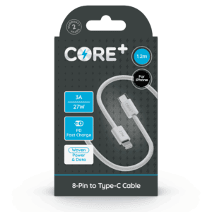 Wholesale Core+ 8-Pin - Type-C Woven Cable 1.2M White 3A 27W PD Fast Charge from Harrisons Direct