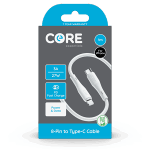 Wholesale Core Essentials 8-Pin - Type-C Cable 1M White TPE 3A 27W PD Fast Charge from Harrisons Direct