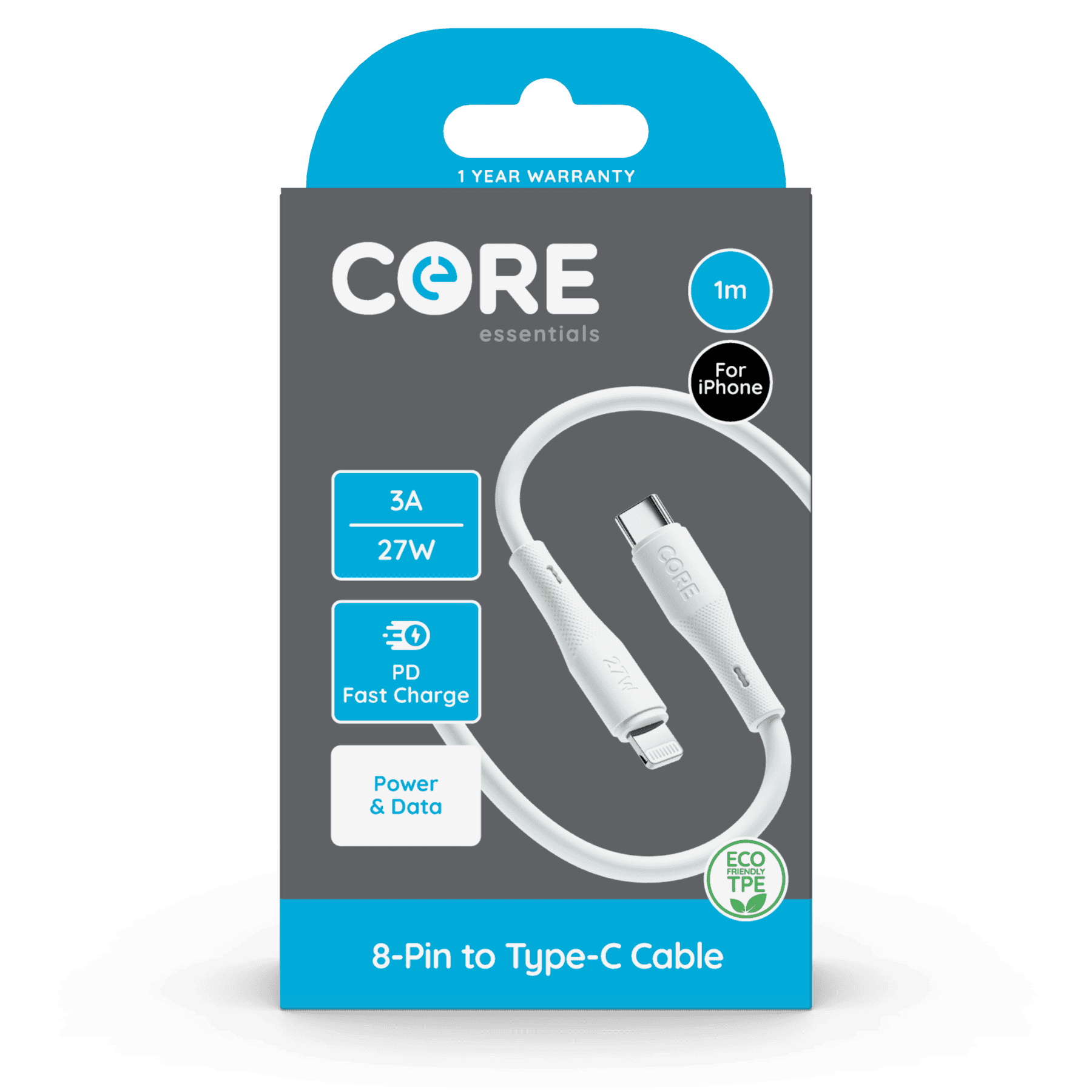 Wholesale Core Essentials 8-Pin - Type-C Cable 1M White TPE 3A 27W PD Fast Charge from Harrisons Direct