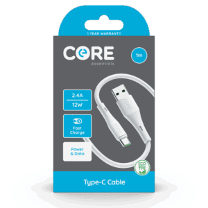 Wholesale Core Essentials USB-A - Type-C Cable 1M White TPE 2.4A 12W Fast Charge from Harrisons Direct